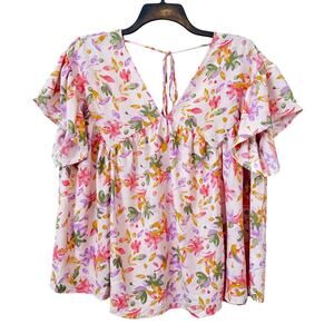 Adora Floral Babydoll Ruffle Oversized Top Women's Medium Flowy‎ Preppy Feminine